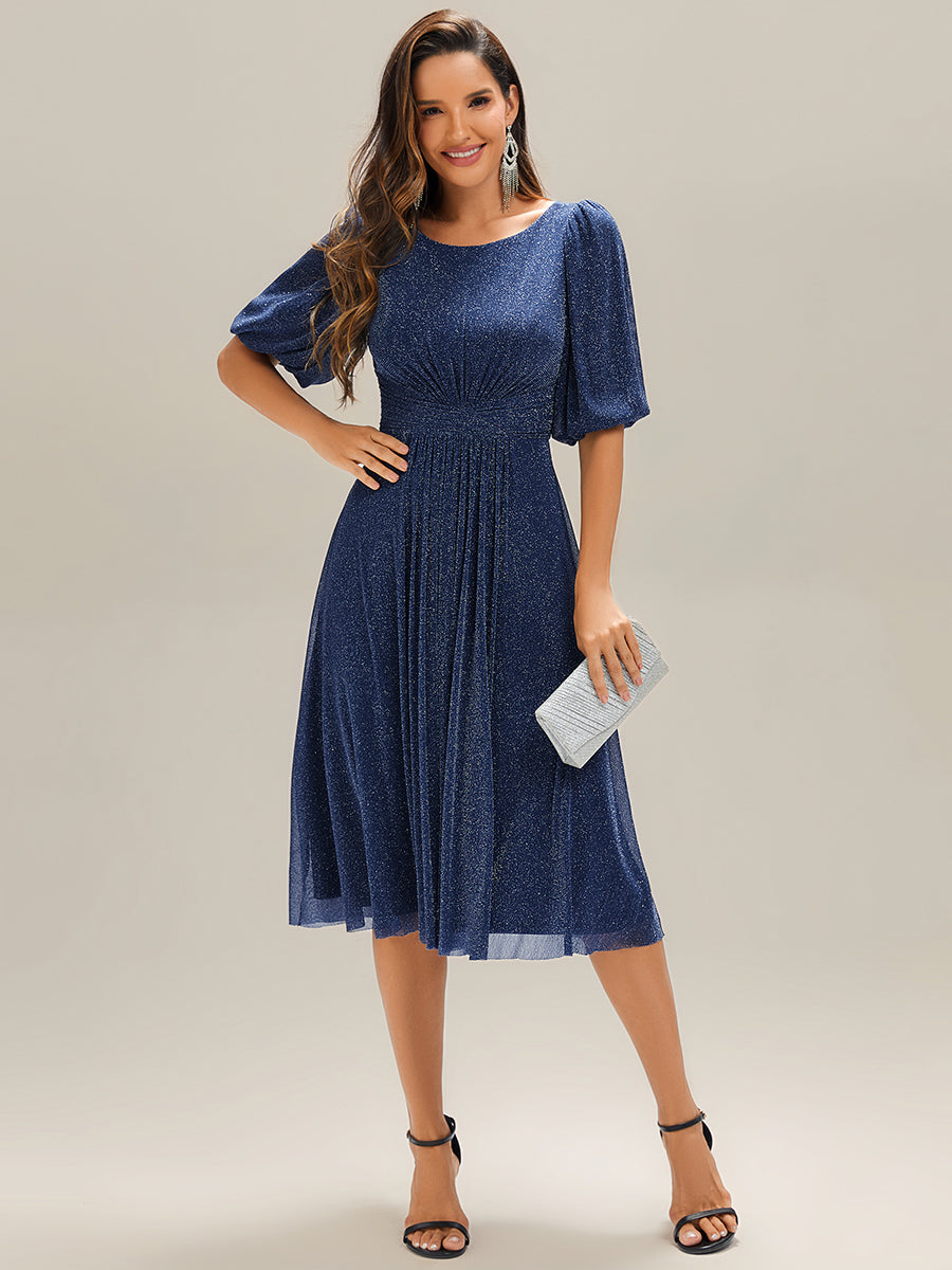 Robe d'invité de mariage midi à encolure ronde à manches courtes et taille froncée #Couleur_Bleu Marine