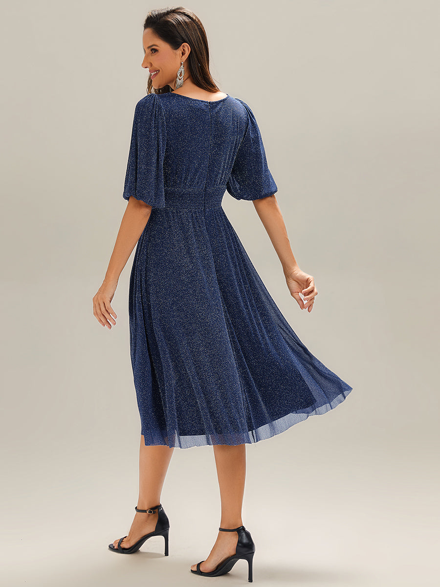 Robe d'invité de mariage midi à encolure ronde à manches courtes et taille froncée #Couleur_Bleu Marine