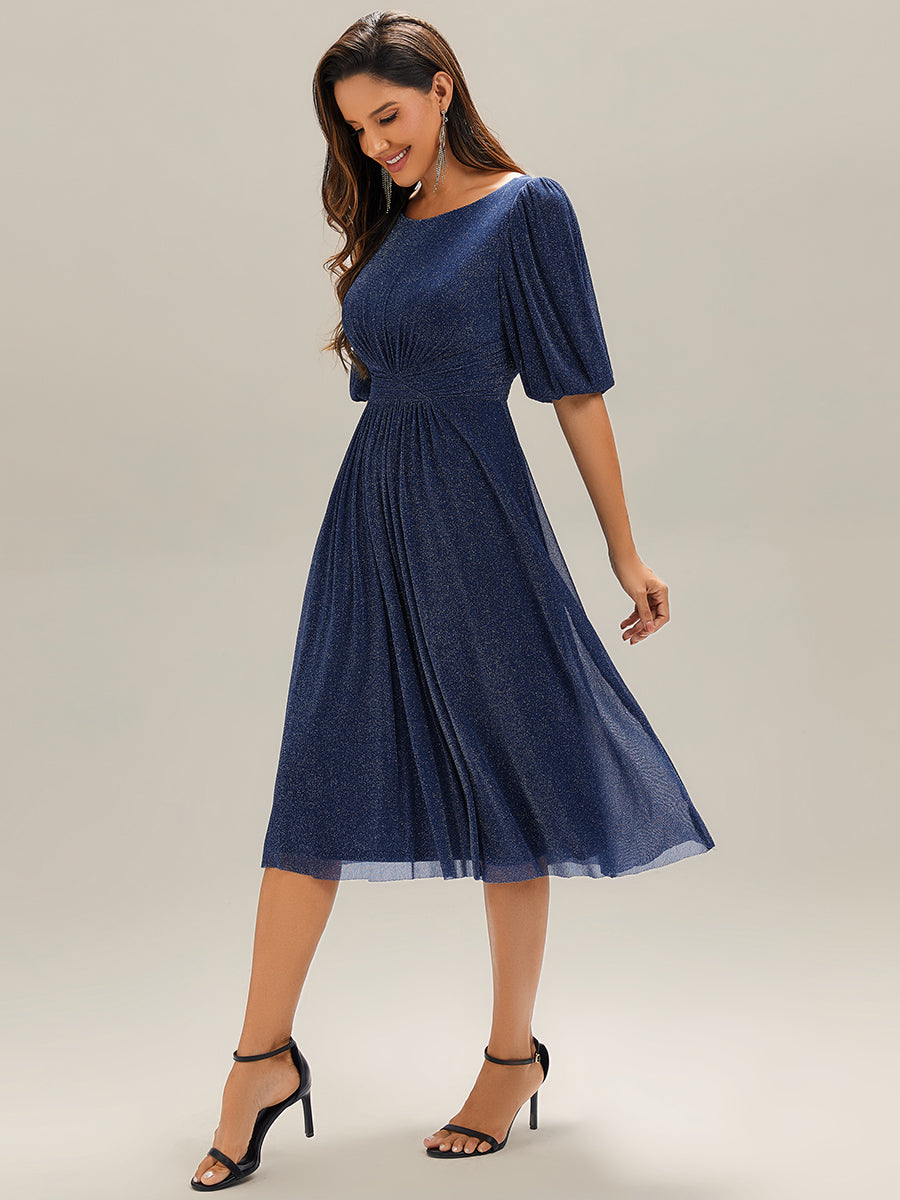 Robe d'invité de mariage midi à encolure ronde à manches courtes et taille froncée #Couleur_Bleu Marine