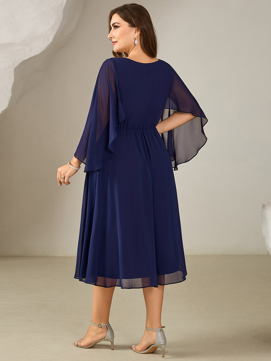 Robe midi A ligne à encolure en V profond à volants et manches trois quarts grande taille avec accent chaîne Robes d'invité de mariage #Couleur_Bleu Marine