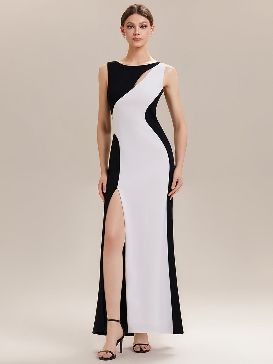 Robe maxi bodycon sans bretelles en stretch avec col rond et fente haute sur la cuisse #Couleur_Noir d'ivoire