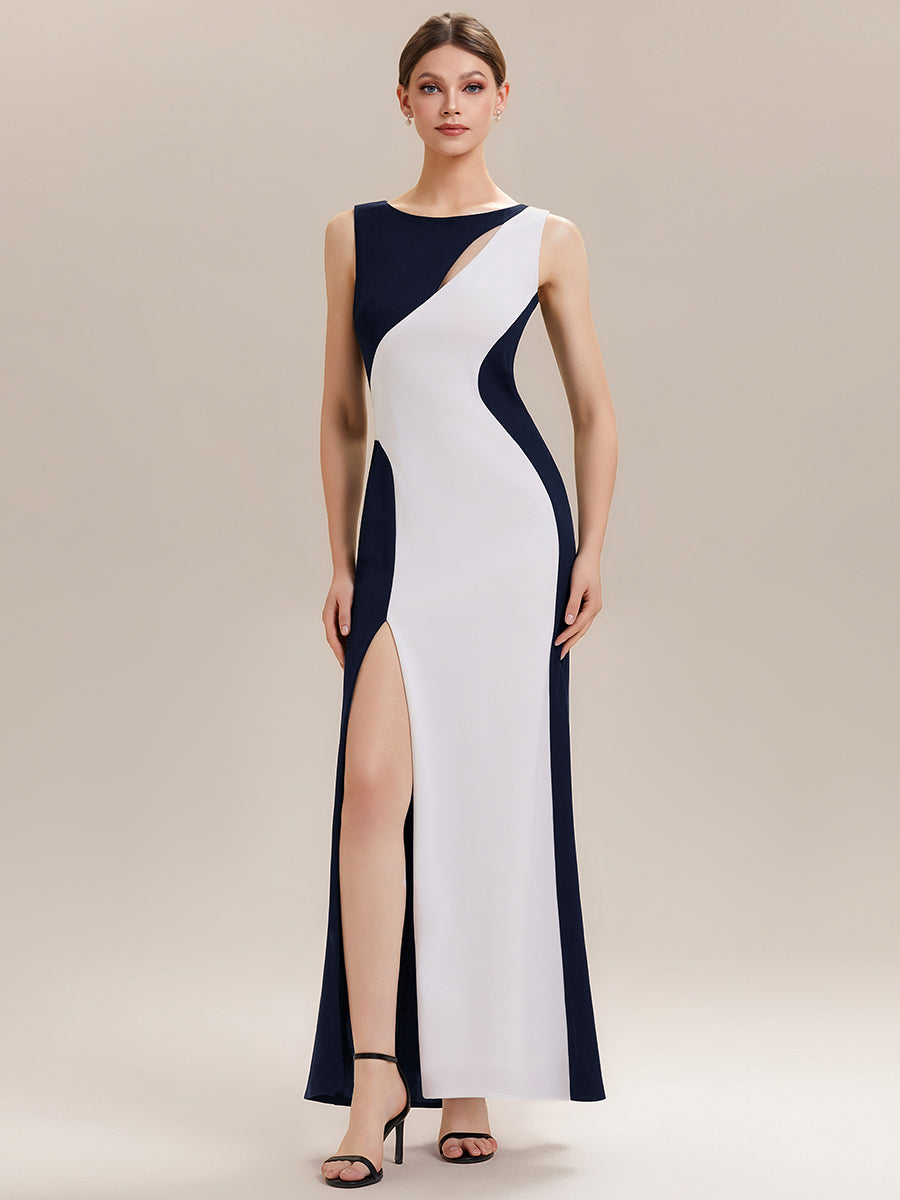 Robe maxi bodycon sans bretelles en stretch avec col rond et fente haute sur la cuisse #Couleur_Bleu Marine