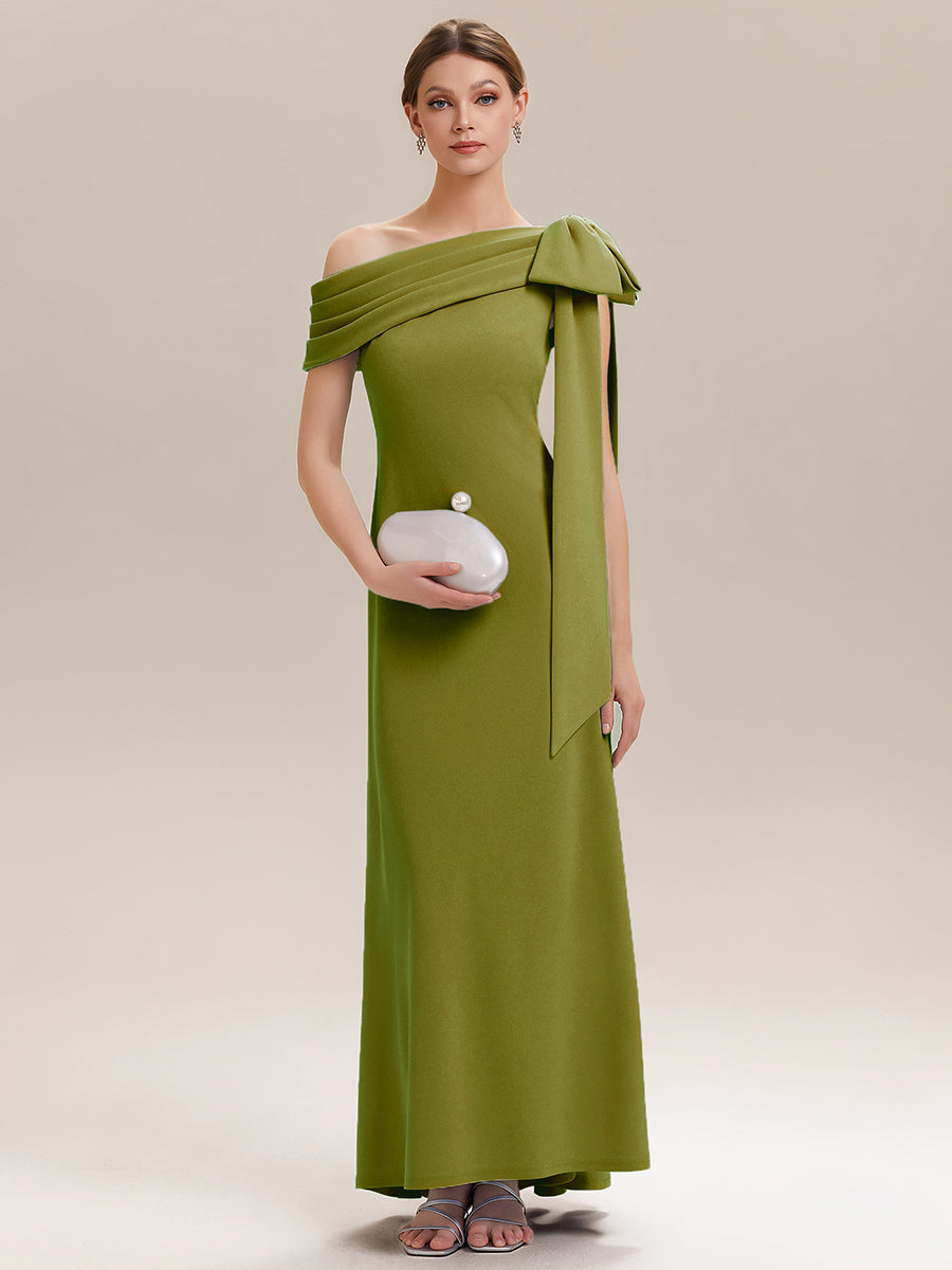 Robe longue ajustée à encolure asymétrique sans bretelles avec détail de nœud en tissu extensible #Couleur_CT