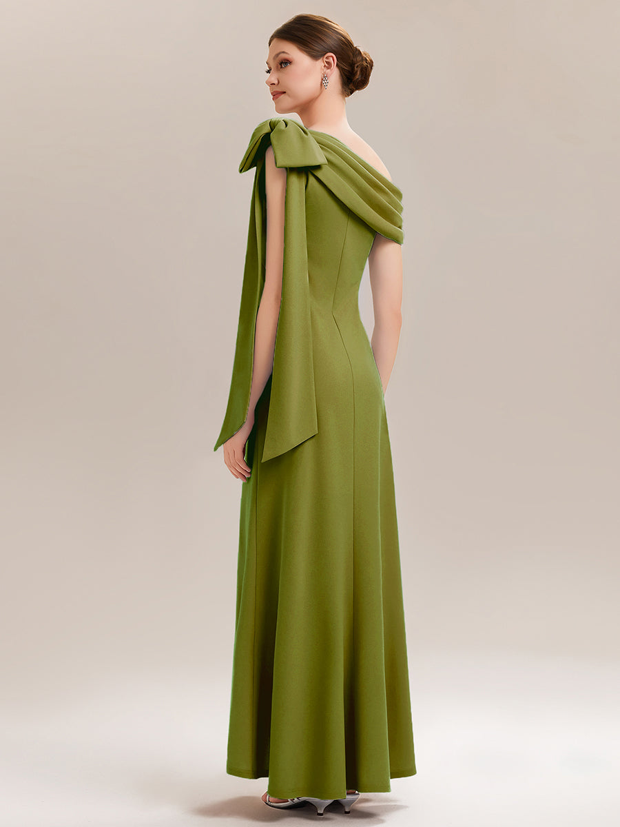Robe longue ajustée à encolure asymétrique sans bretelles avec détail de nœud en tissu extensible #Couleur_CT