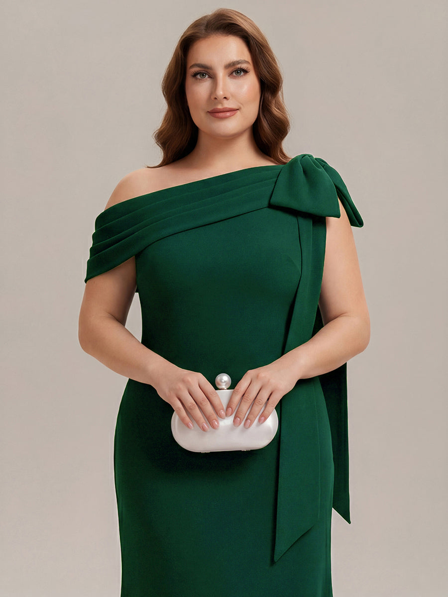 Robe longue ajustée à encolure asymétrique sans bretelles avec détail de nœud en tissu extensible #Couleur_Vert Fonce