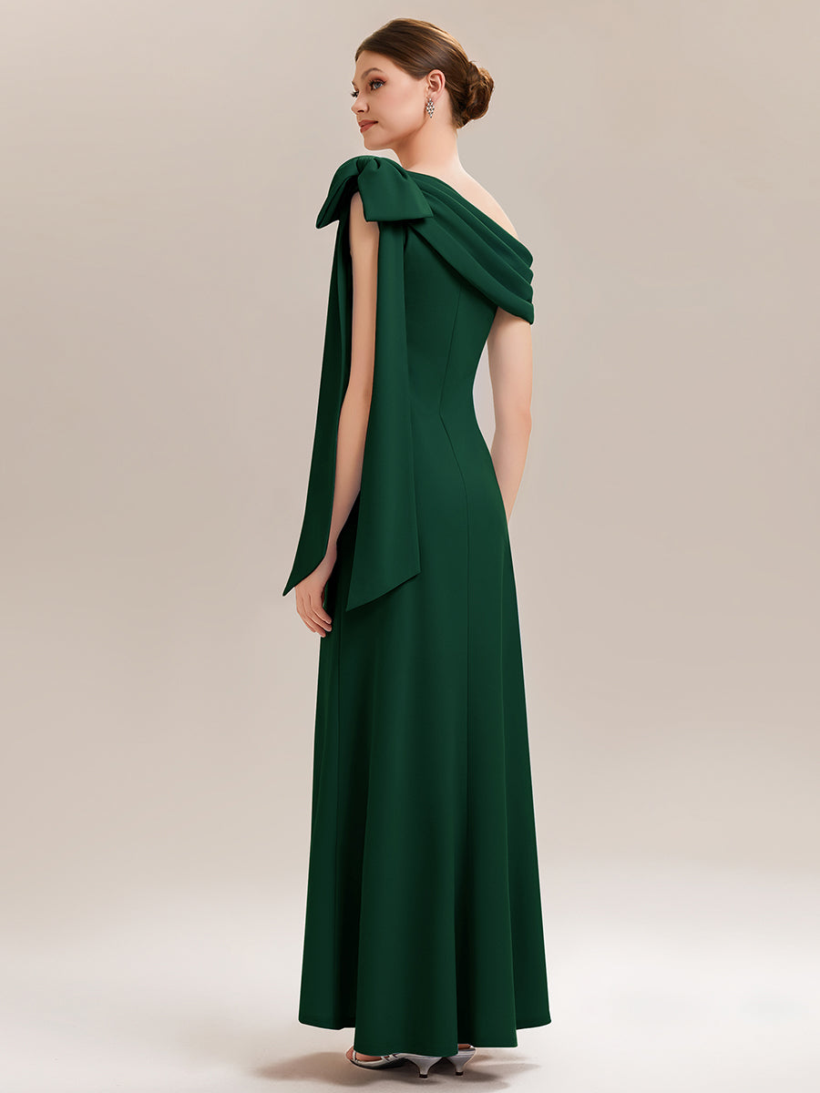 Robe longue ajustée à encolure asymétrique sans bretelles avec détail de nœud en tissu extensible #Couleur_Vert Fonce