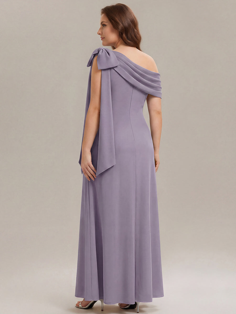 Robe longue ajustée à encolure asymétrique sans bretelles avec détail de nœud en tissu extensible #Couleur_Lilas Givré