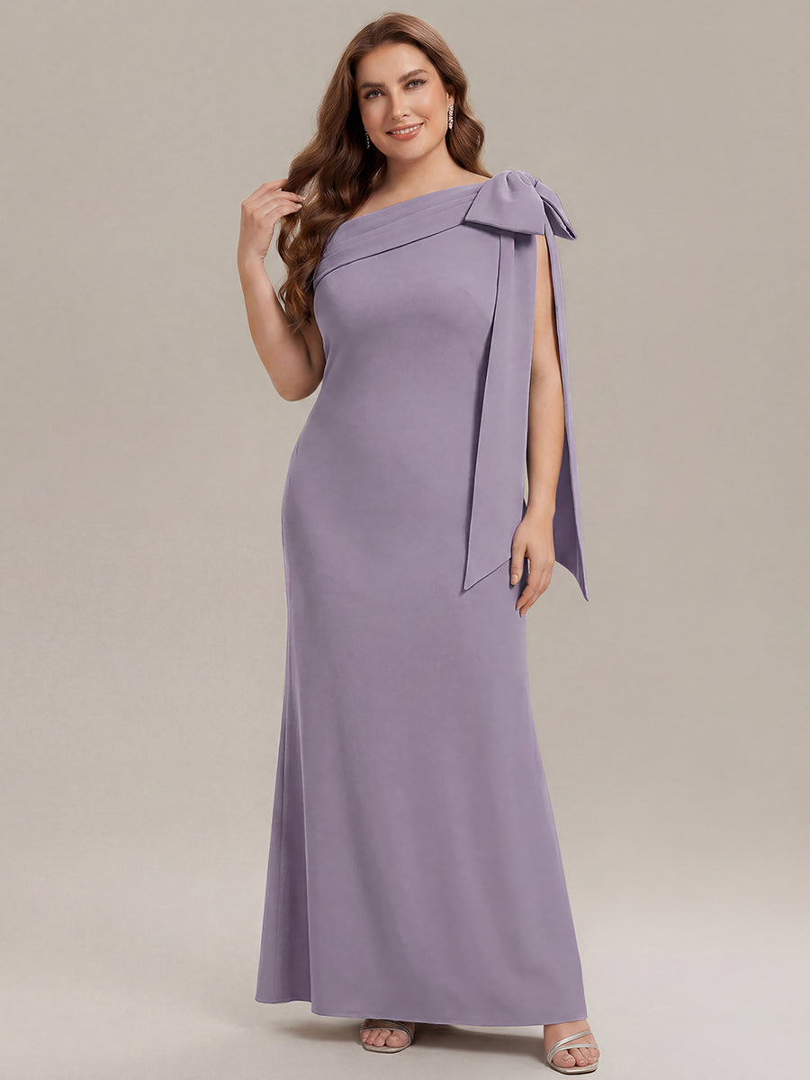 Robe longue ajustée à encolure asymétrique sans bretelles avec détail de nœud en tissu extensible #Couleur_Lilas Givré