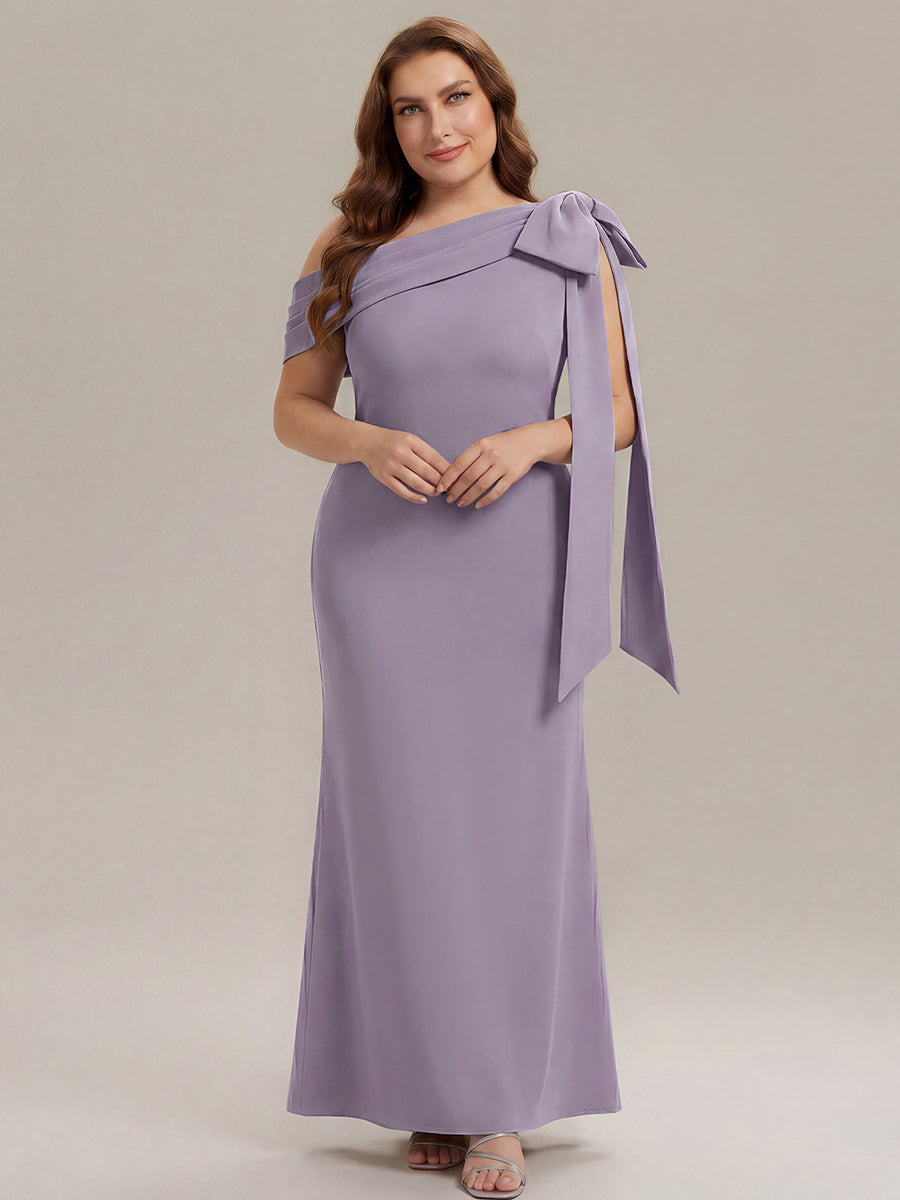 Robe longue ajustée à encolure asymétrique sans bretelles avec détail de nœud en tissu extensible #Couleur_Bleu Bleuet
