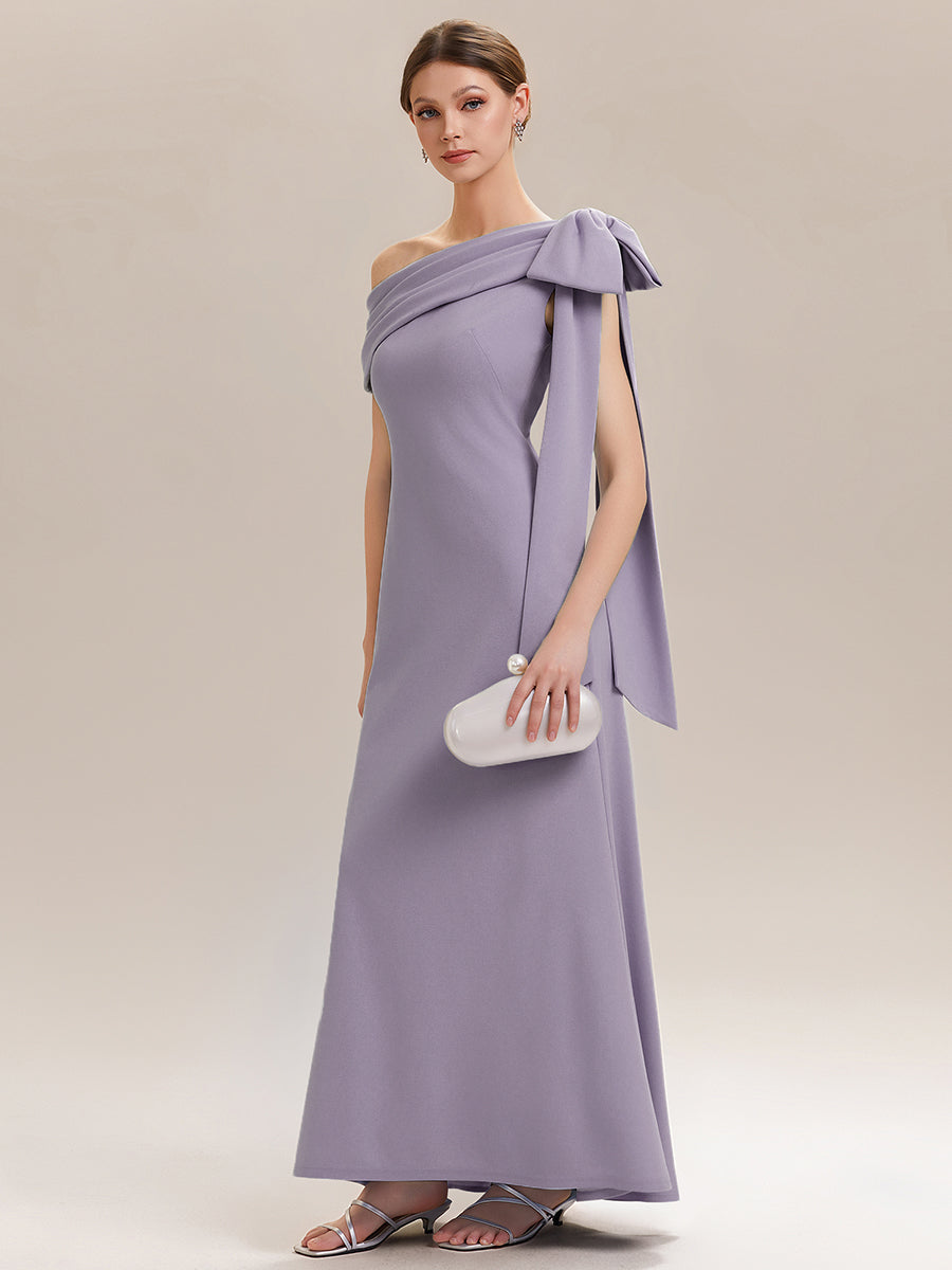 Robe longue ajustée à encolure asymétrique sans bretelles avec détail de nœud en tissu extensible #Couleur_Lilas Givré