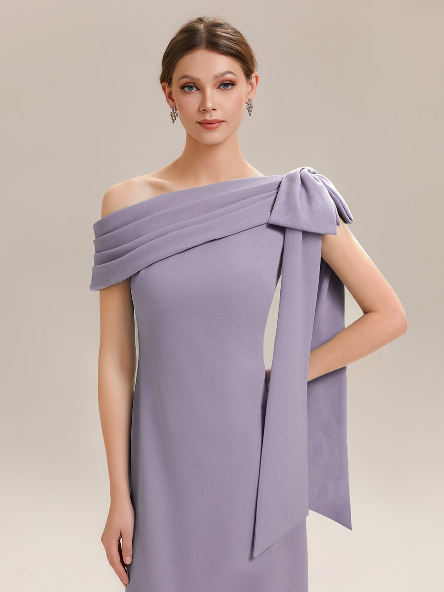 Robe longue ajustée à encolure asymétrique sans bretelles avec détail de nœud en tissu extensible #Couleur_Lilas Givré