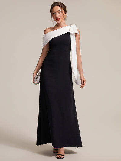 ever NOIR|Robe longue ajustée à encolure asymétrique débardée avec détail de noeud drapé en tissu extensible