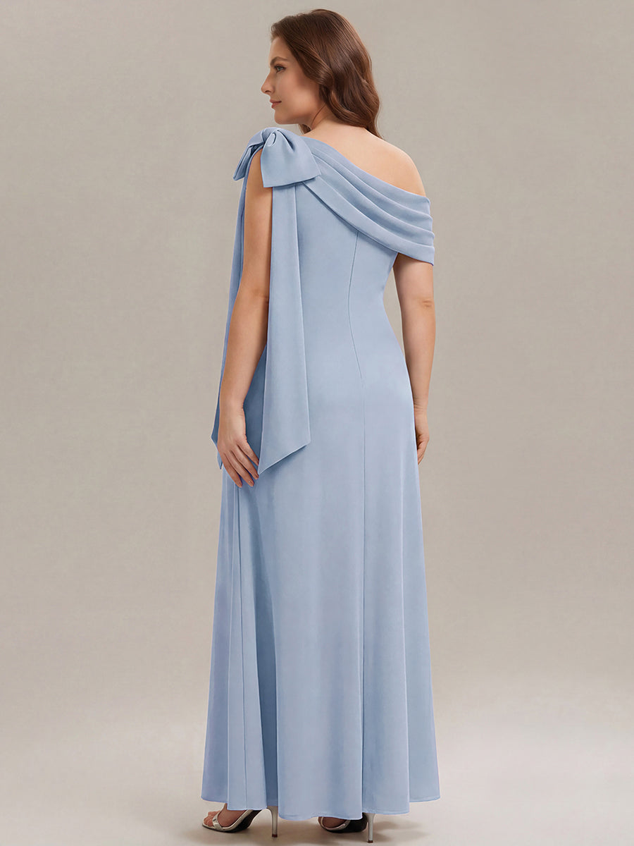 Robe longue ajustée à encolure asymétrique sans bretelles avec détail de nœud en tissu extensible #Couleur_Bleu Glace
