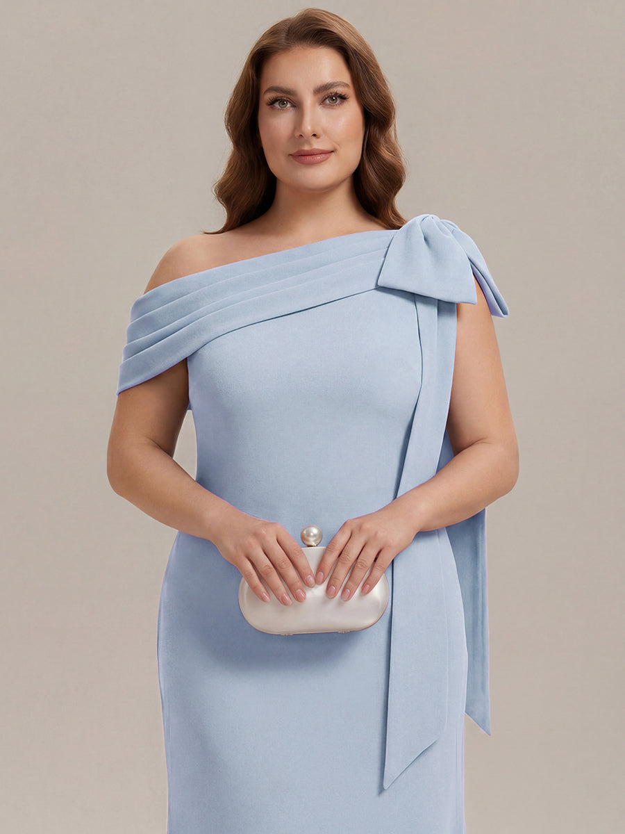 Robe longue ajustée à encolure asymétrique sans bretelles avec détail de nœud en tissu extensible #Couleur_Bleu Glace