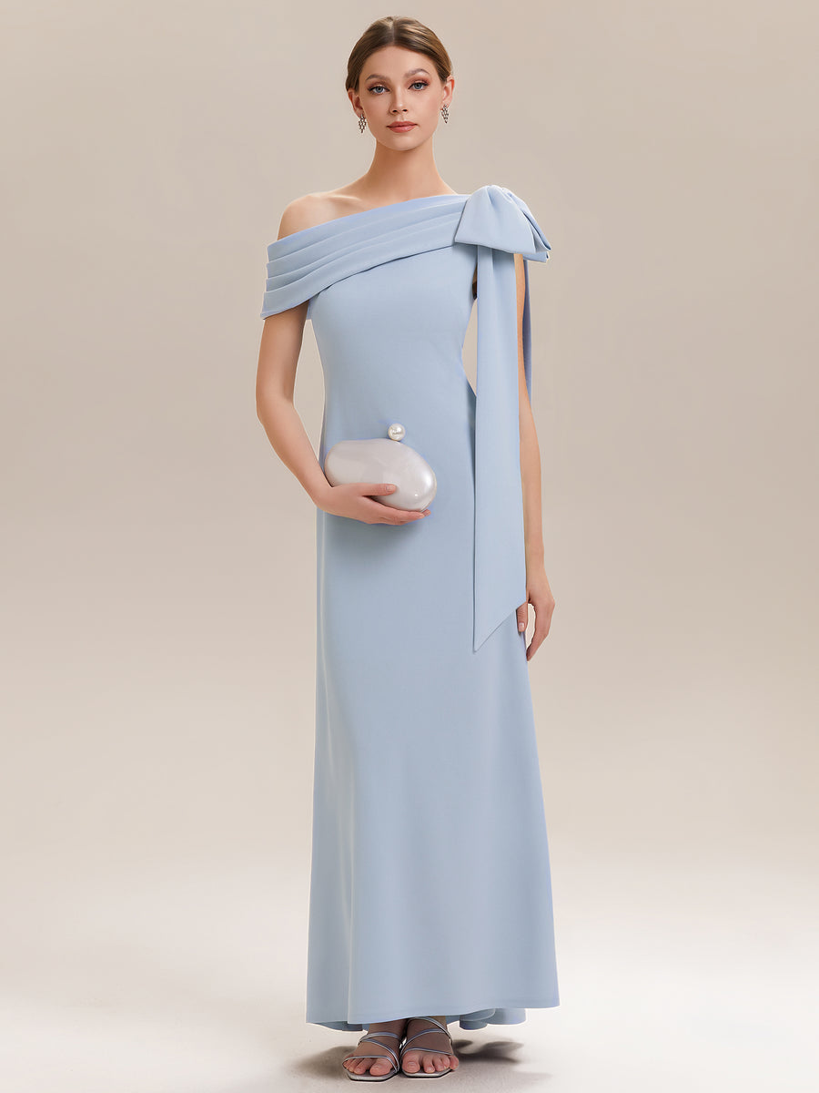 Robe longue ajustée à encolure asymétrique sans bretelles avec détail de nœud en tissu extensible #Couleur_Bleu Glace