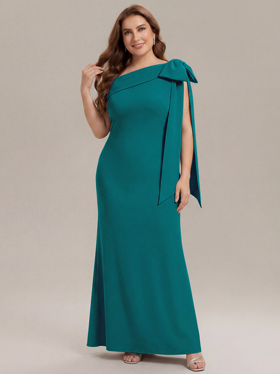 Robe longue ajustée à encolure asymétrique sans bretelles avec détail de nœud en tissu extensible #Couleur_Bleu Canard