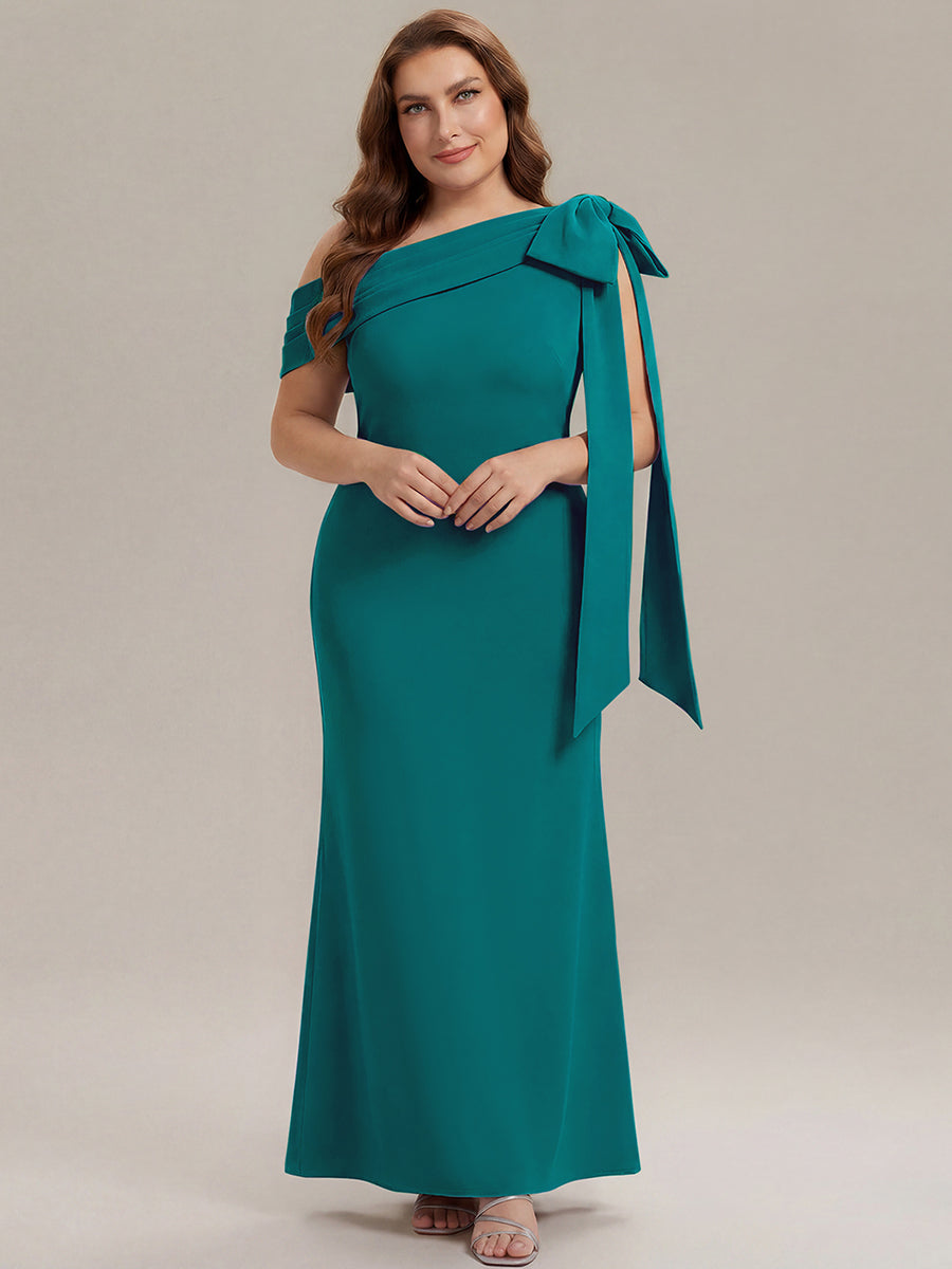 Robe longue ajustée à encolure asymétrique sans bretelles avec détail de nœud en tissu extensible #Couleur_Bleu Canard
