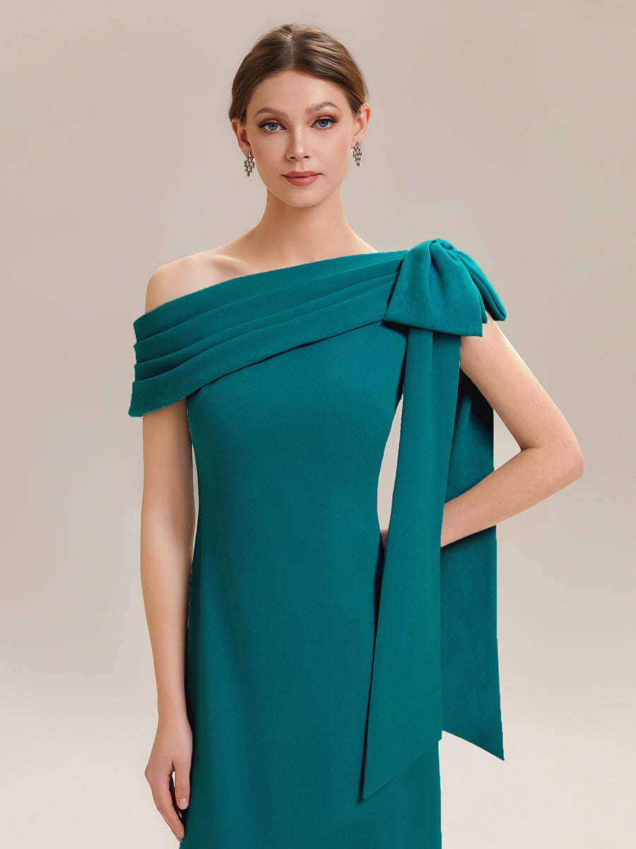 Robe longue ajustée à encolure asymétrique sans bretelles avec détail de nœud en tissu extensible #Couleur_TB