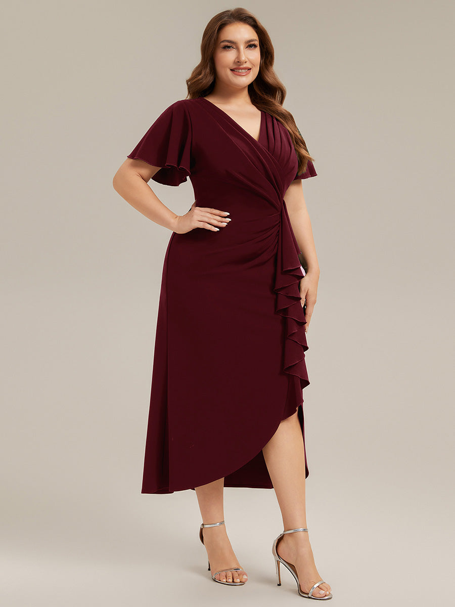robe maxi ajustée à décolleté en V profond à manches courtes avec volants et fente haute sur la cuisse #Couleur_Bordeaux