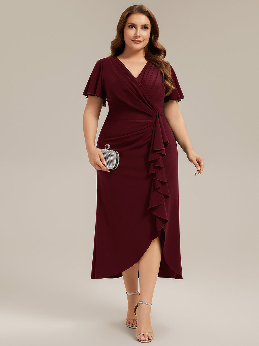 robe maxi ajustée à décolleté en V profond à manches courtes avec volants et fente haute sur la cuisse #Couleur_Bordeaux