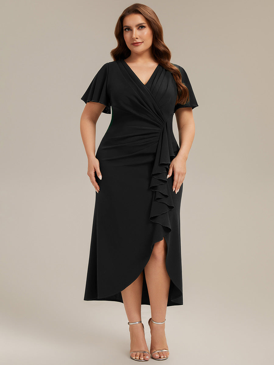 robe maxi ajustée à décolleté en V profond à manches courtes avec volants et fente haute sur la cuisse #Couleur_Noir