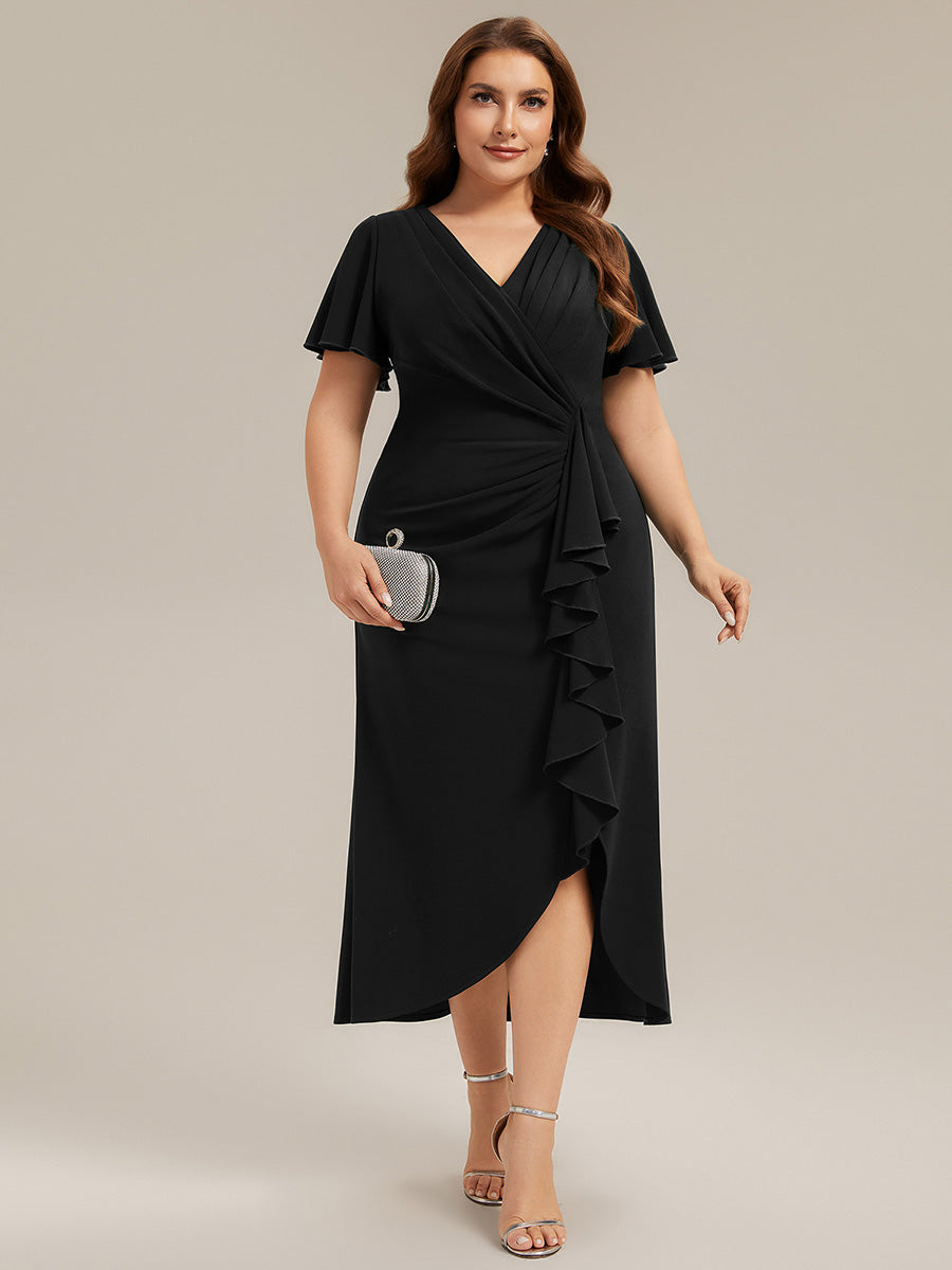 robe maxi ajustée à décolleté en V profond à manches courtes avec volants et fente haute sur la cuisse #Couleur_Noir