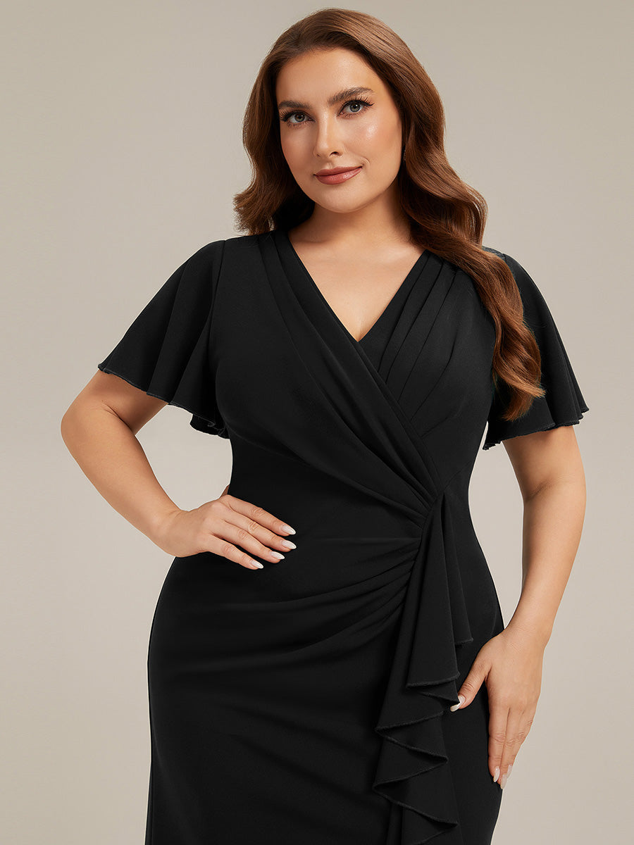 robe maxi ajustée à décolleté en V profond à manches courtes avec volants et fente haute sur la cuisse #Couleur_Noir