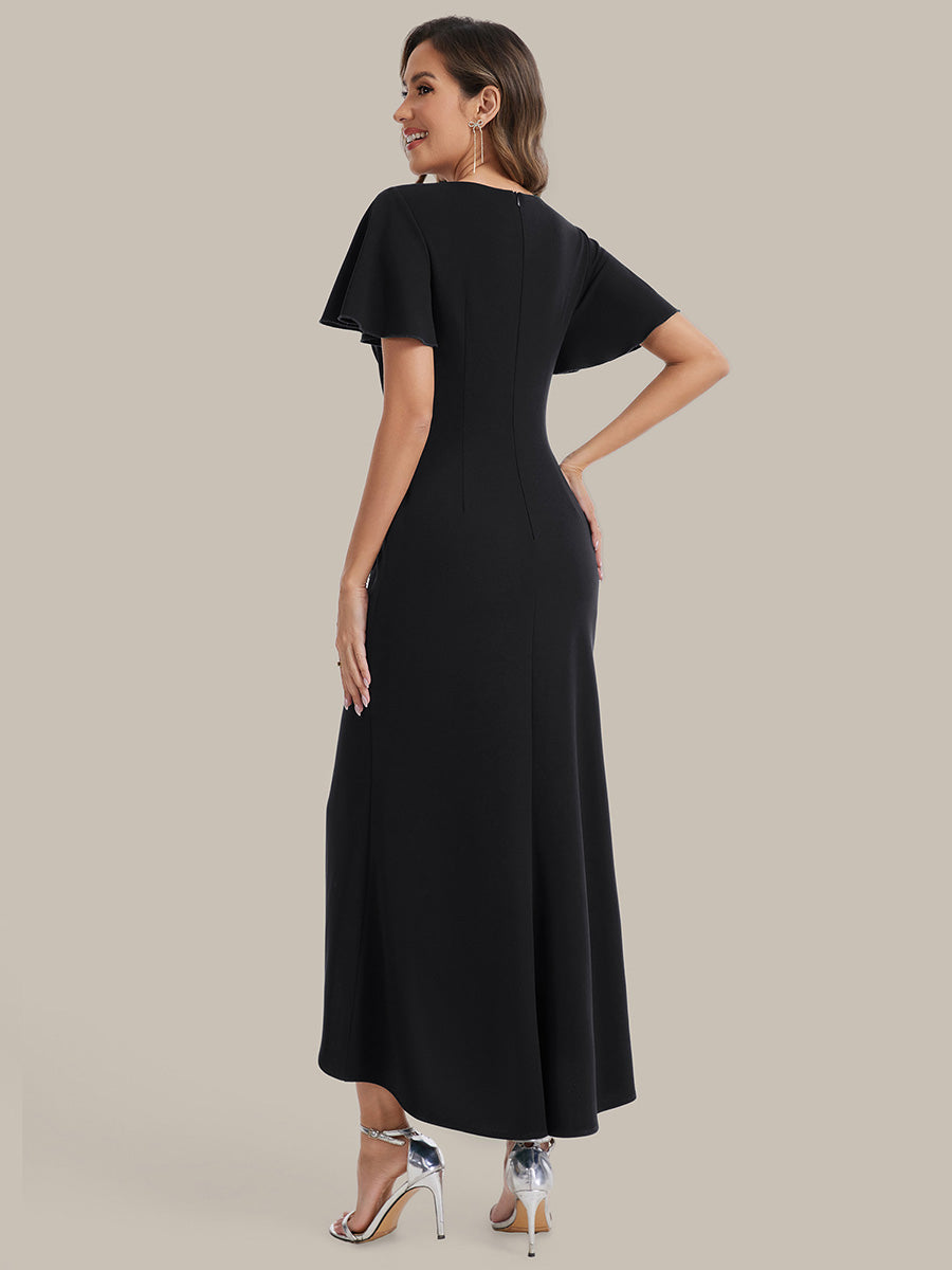 robe maxi ajustée à décolleté en V profond à manches courtes avec volants et fente haute sur la cuisse #Couleur_Noir