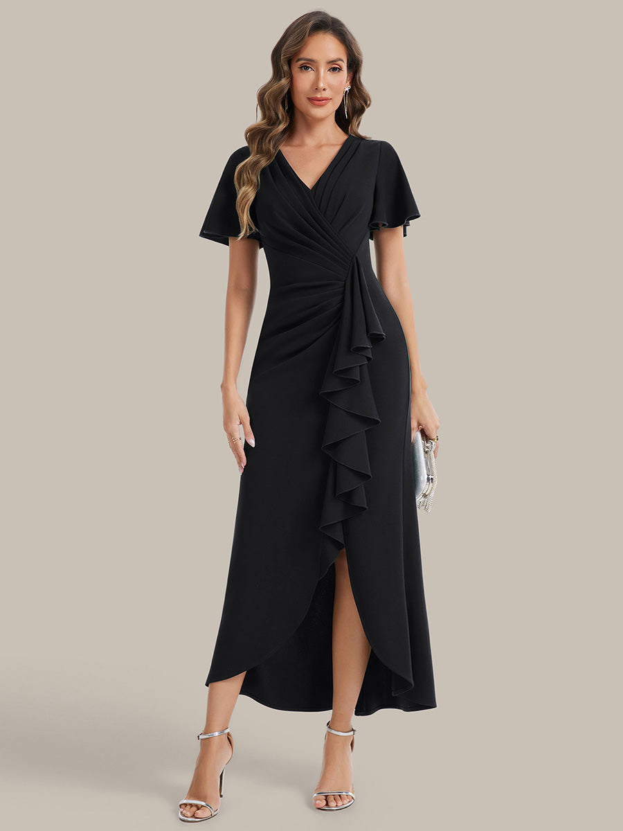 robe maxi ajustée à décolleté en V profond à manches courtes avec volants et fente haute sur la cuisse #Couleur_Noir