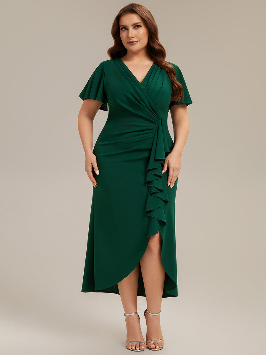 robe maxi ajustée à décolleté en V profond à manches courtes avec volants et fente haute sur la cuisse #Couleur_Vert Fonce