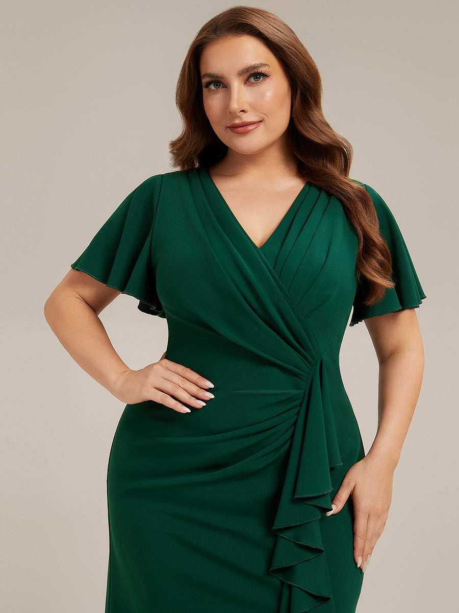 robe maxi ajustée à décolleté en V profond à manches courtes avec volants et fente haute sur la cuisse #Couleur_Vert Fonce