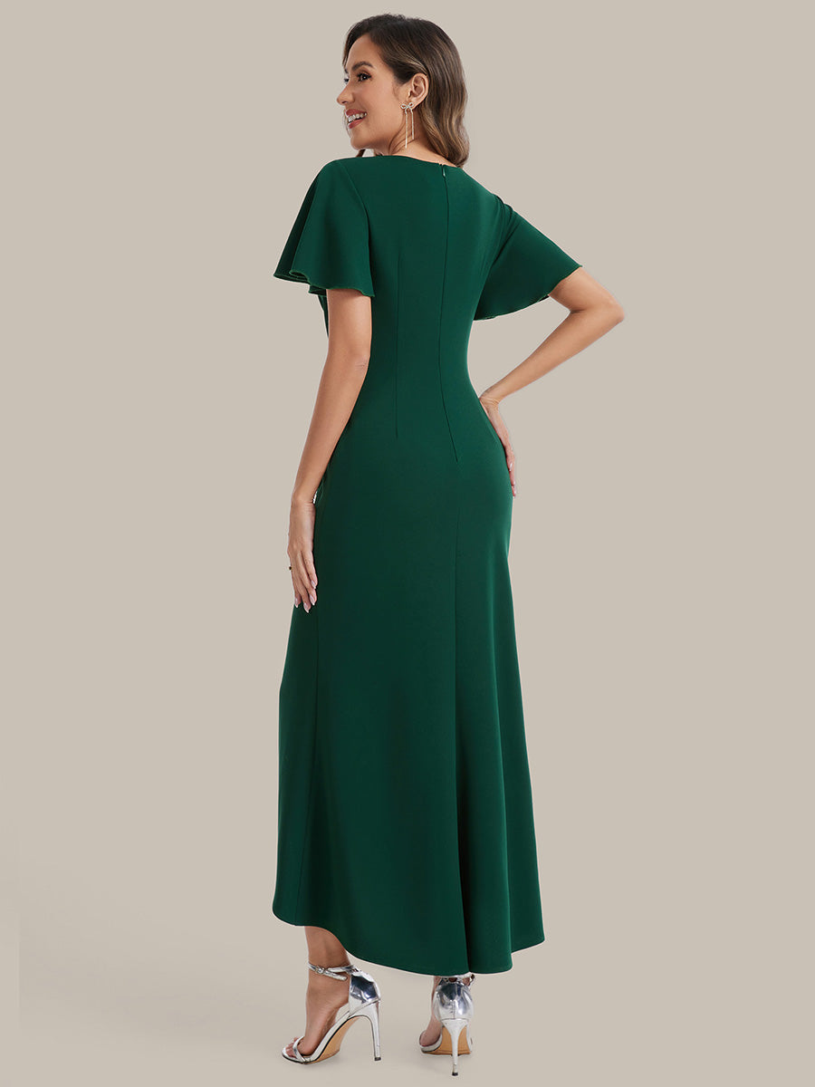 robe maxi ajustée à décolleté en V profond à manches courtes avec volants et fente haute sur la cuisse #Couleur_Vert Fonce