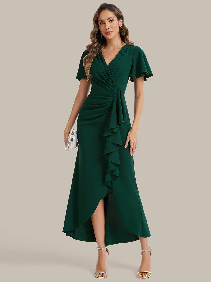 robe maxi ajustée à décolleté en V profond à manches courtes avec volants et fente haute sur la cuisse #Couleur_Vert Fonce