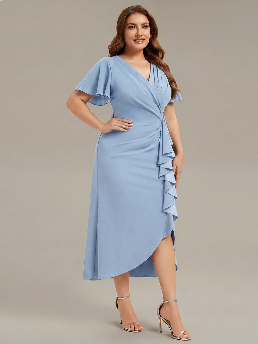 robe maxi ajustée à décolleté en V profond à manches courtes avec volants et fente haute sur la cuisse #Couleur_Bleu Glace