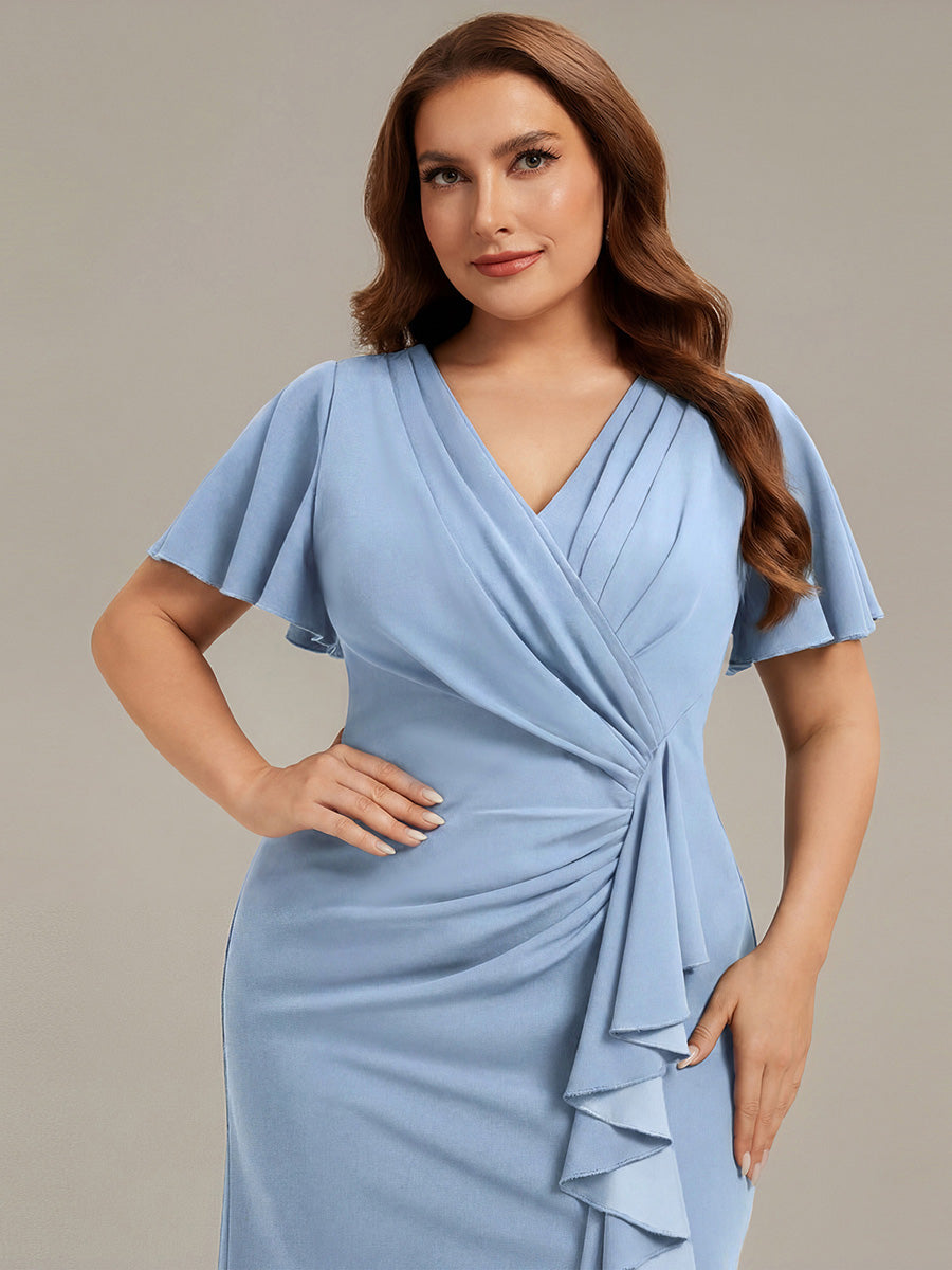 robe maxi ajustée à décolleté en V profond à manches courtes avec volants et fente haute sur la cuisse #Couleur_Bleu Glace