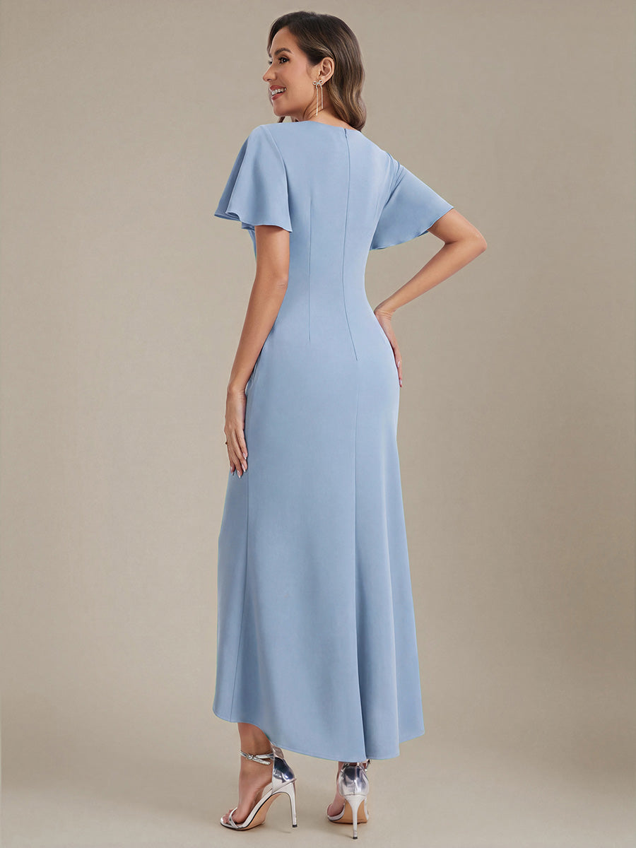 robe maxi ajustée à décolleté en V profond à manches courtes avec volants et fente haute sur la cuisse #Couleur_Bleu Glace