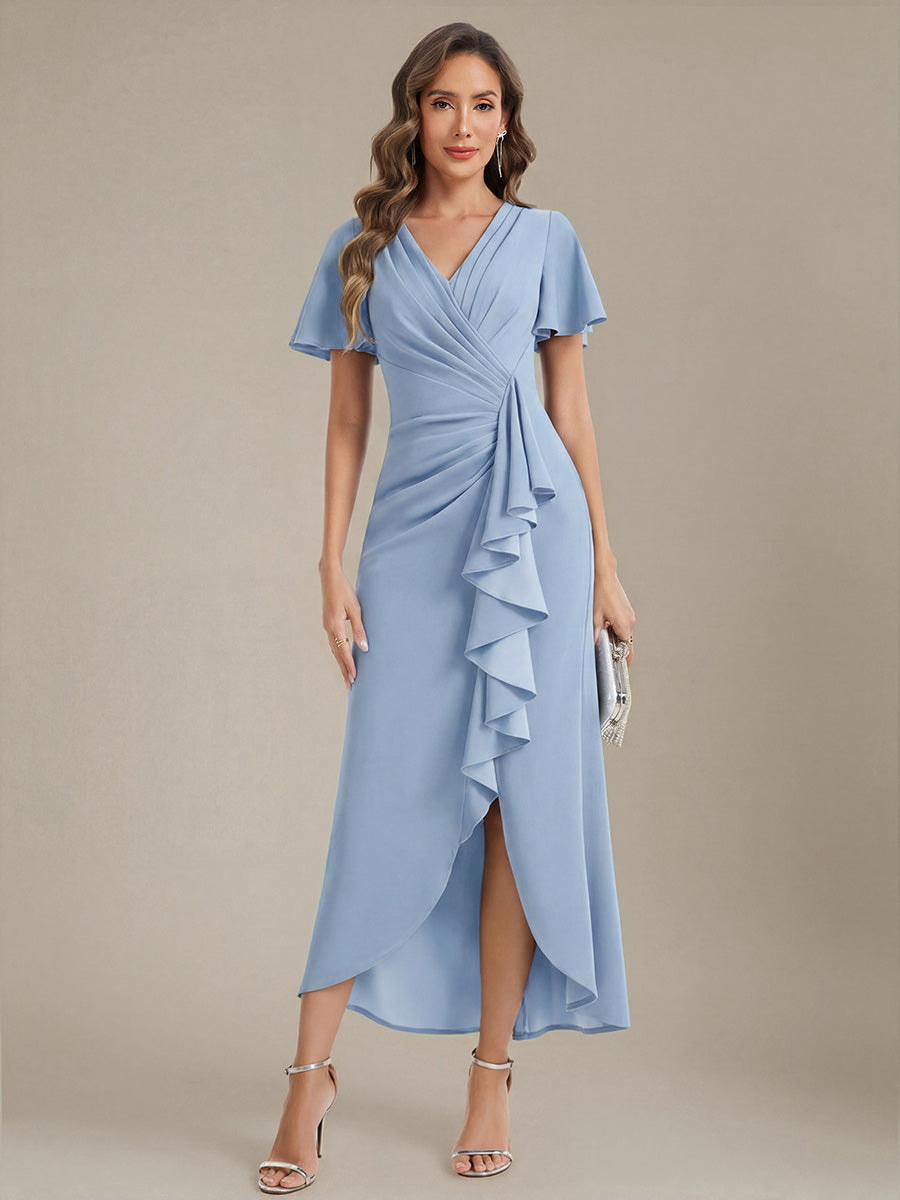 robe maxi ajustée à décolleté en V profond à manches courtes avec volants et fente haute sur la cuisse #Couleur_Bleu Glace