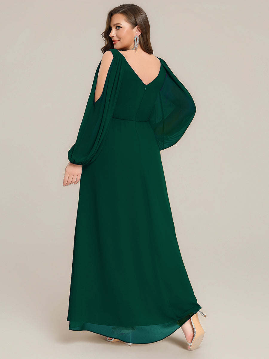 Robe maxi à manches longues en V avec des embellissements en strass froncés #Couleur_Vert Fonce