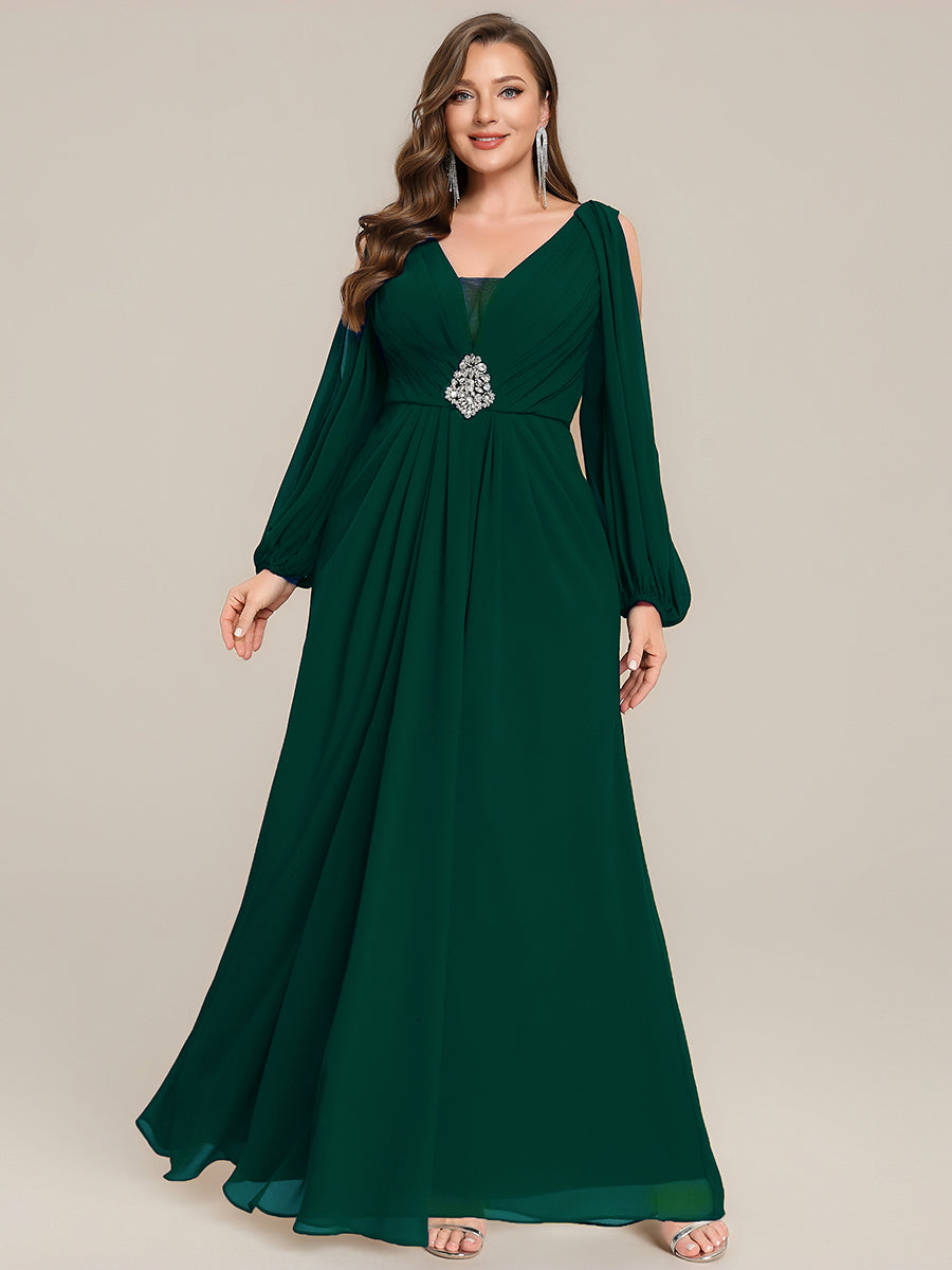 Robe maxi à manches longues en V avec des embellissements en strass froncés #Couleur_Vert Fonce