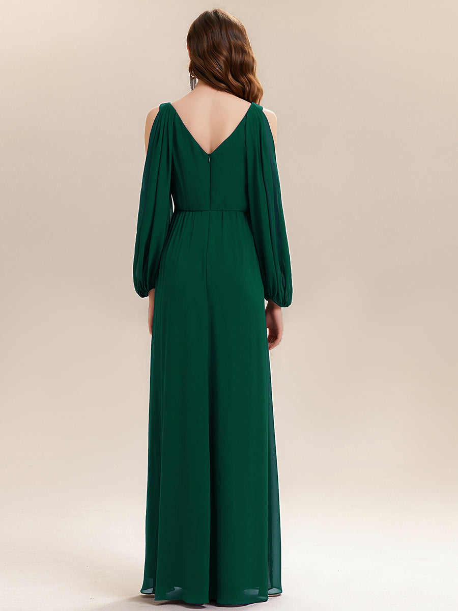 Robe maxi à manches longues en V avec des embellissements en strass froncés #Couleur_Vert Fonce