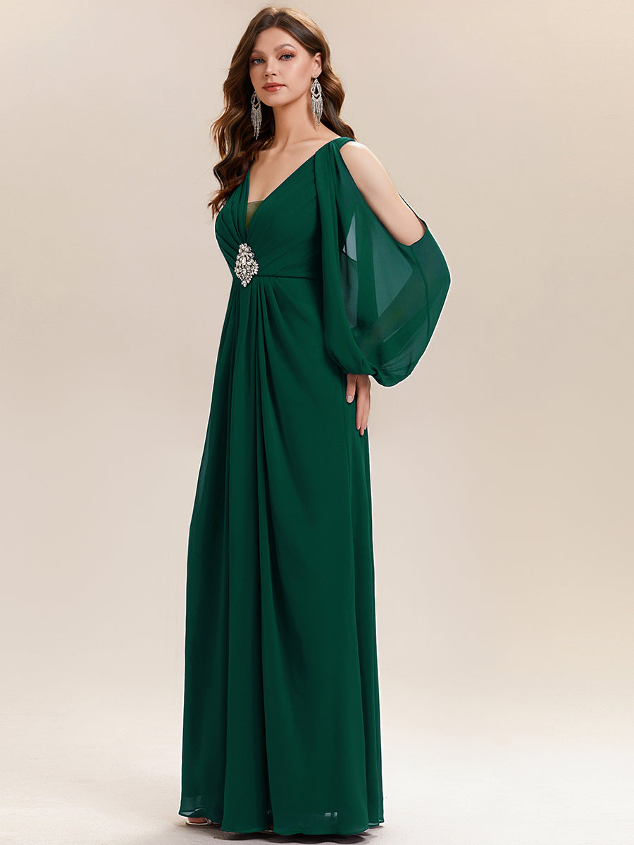 Robe maxi à manches longues en V avec des embellissements en strass froncés #Couleur_Vert Fonce