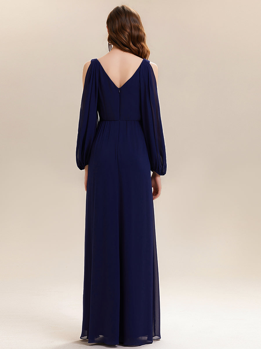 Robe maxi à manches longues en V avec des embellissements en strass froncés #Couleur_Bleu Marine