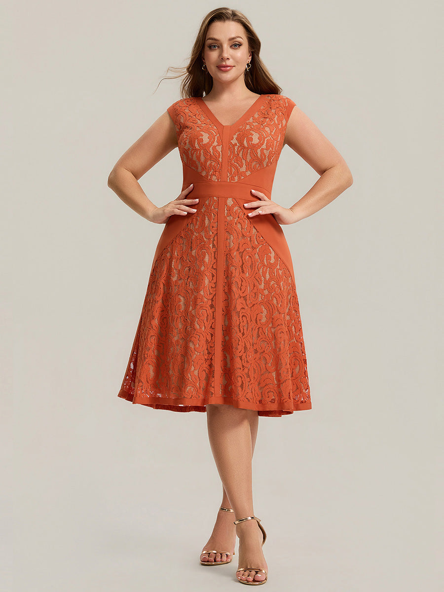 Robe midi évasée à manches courtes en V avec détails en patchwork transparent et haute élasticité #Couleur_Burnt Orange