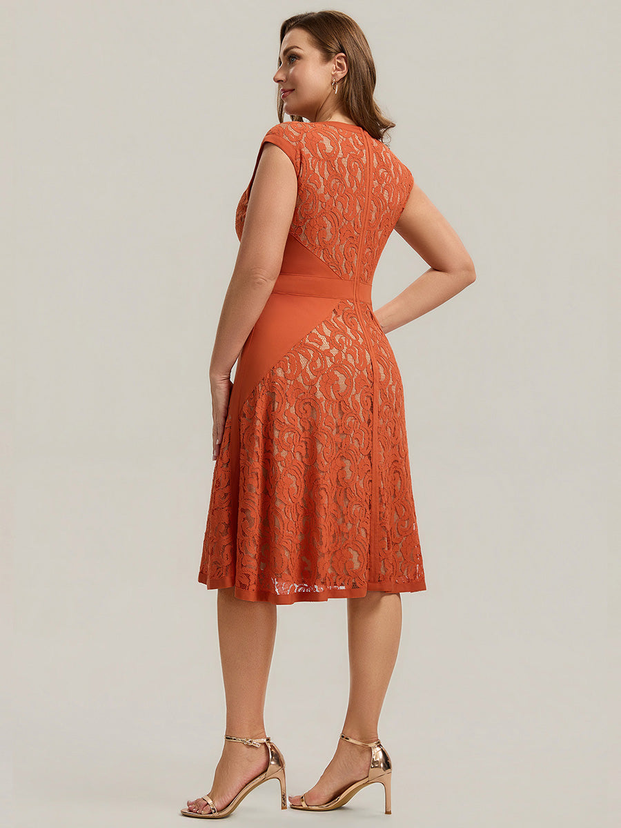 Robe midi évasée à manches courtes en V avec détails en patchwork transparent et haute élasticité #Couleur_Burnt Orange