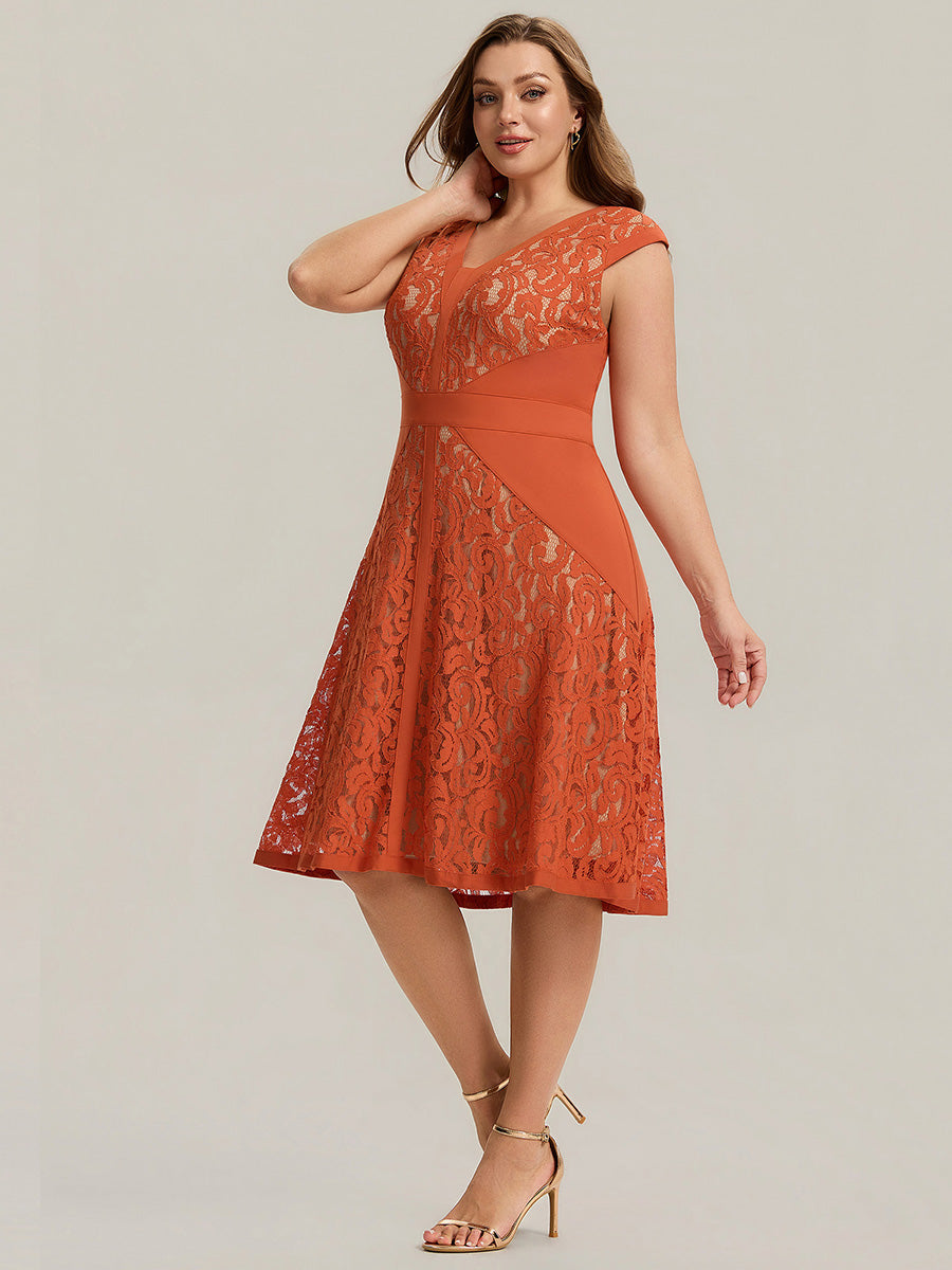 Robe midi évasée à manches courtes en V avec détails en patchwork transparent et haute élasticité #Couleur_Burnt Orange