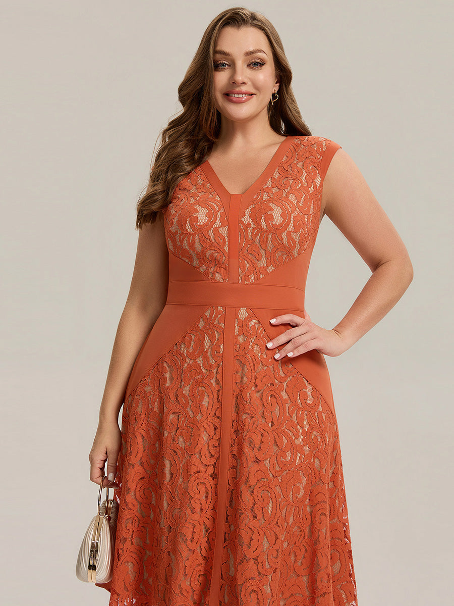 Robe midi évasée à manches courtes en V avec détails en patchwork transparent et haute élasticité #Couleur_Burnt Orange