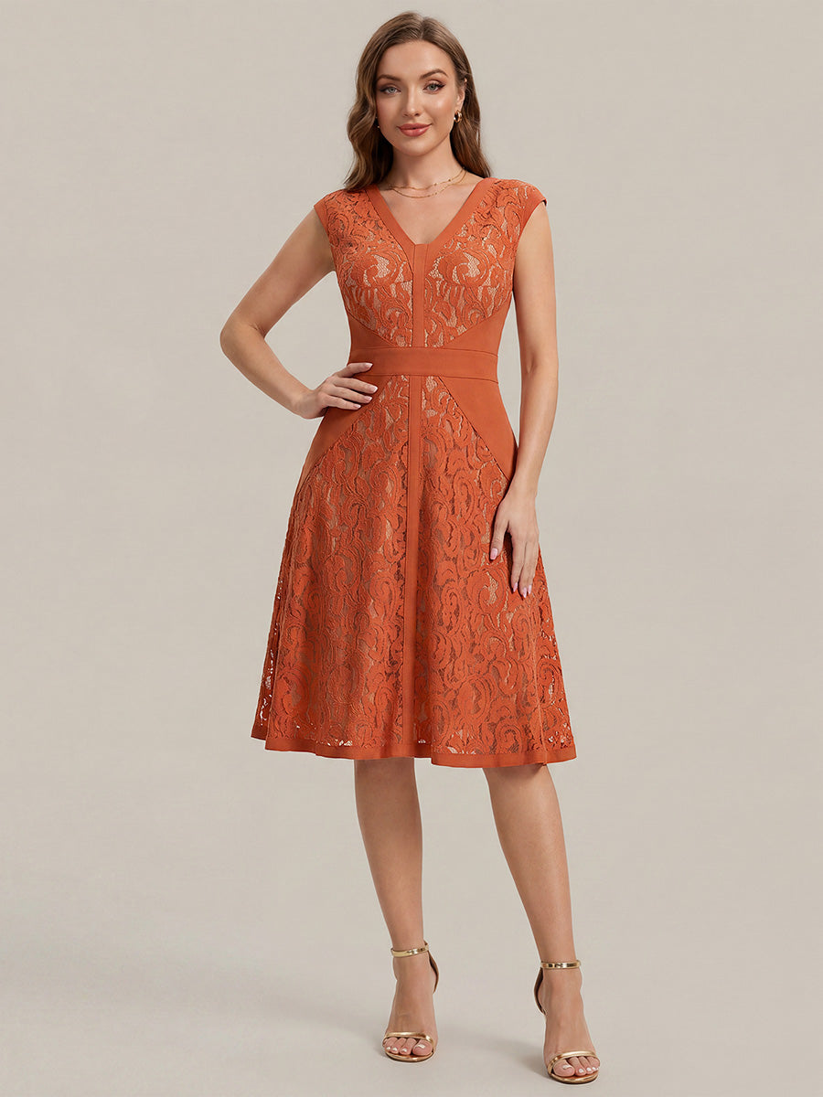 Robe midi évasée à manches courtes en V avec détails en patchwork transparent et haute élasticité #Couleur_Burnt Orange