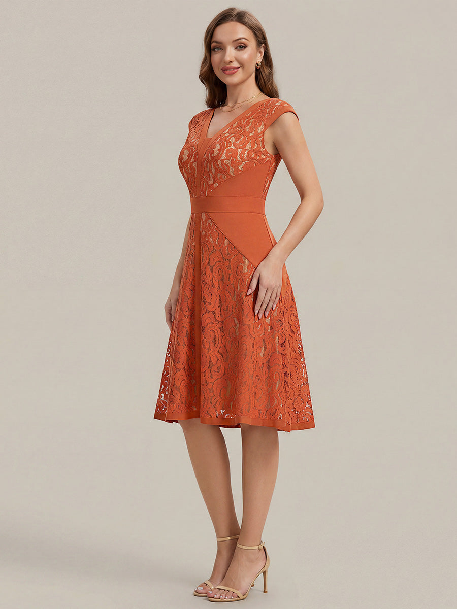 Robe midi évasée à manches courtes en V avec détails en patchwork transparent et haute élasticité #Couleur_Burnt Orange