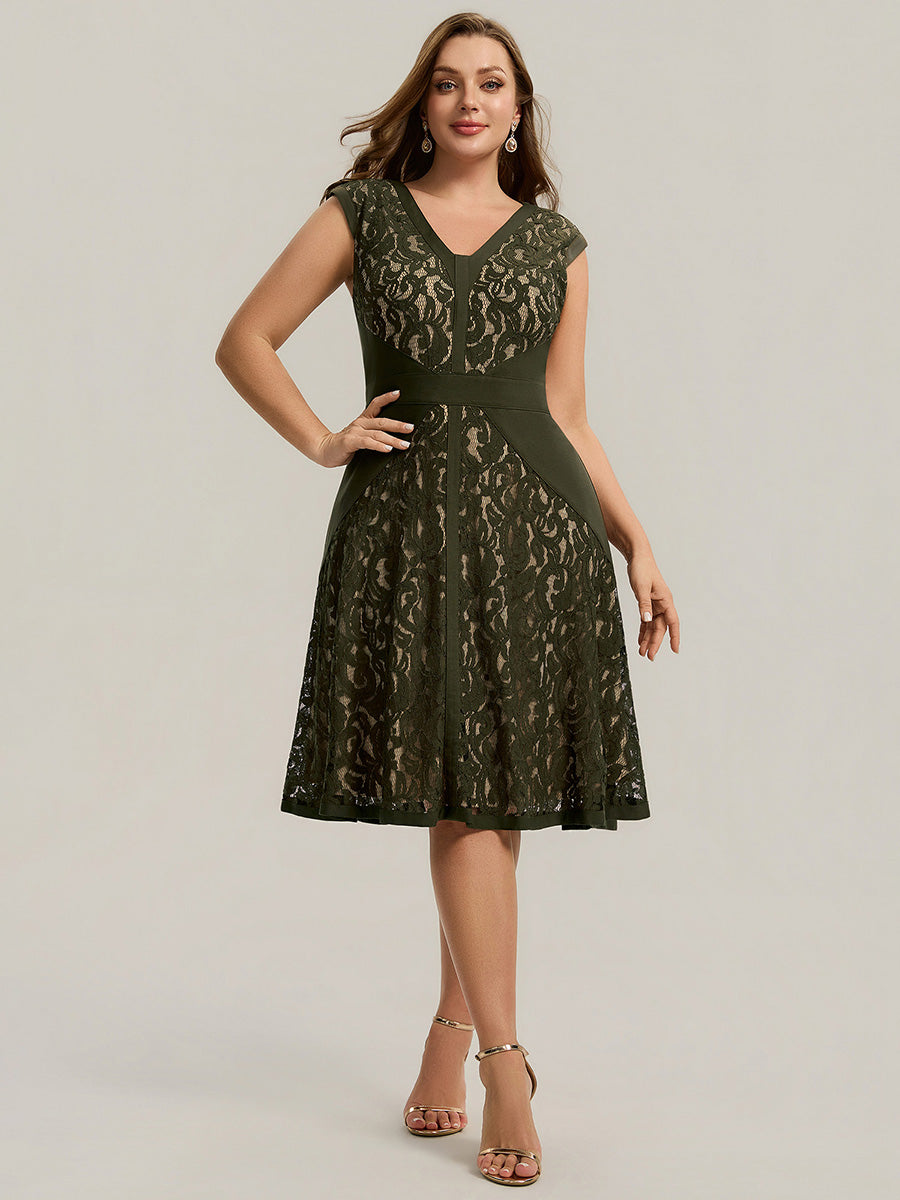 Robe midi évasée à manches courtes en V avec détails en patchwork transparent et haute élasticité #Couleur_Vert Olive