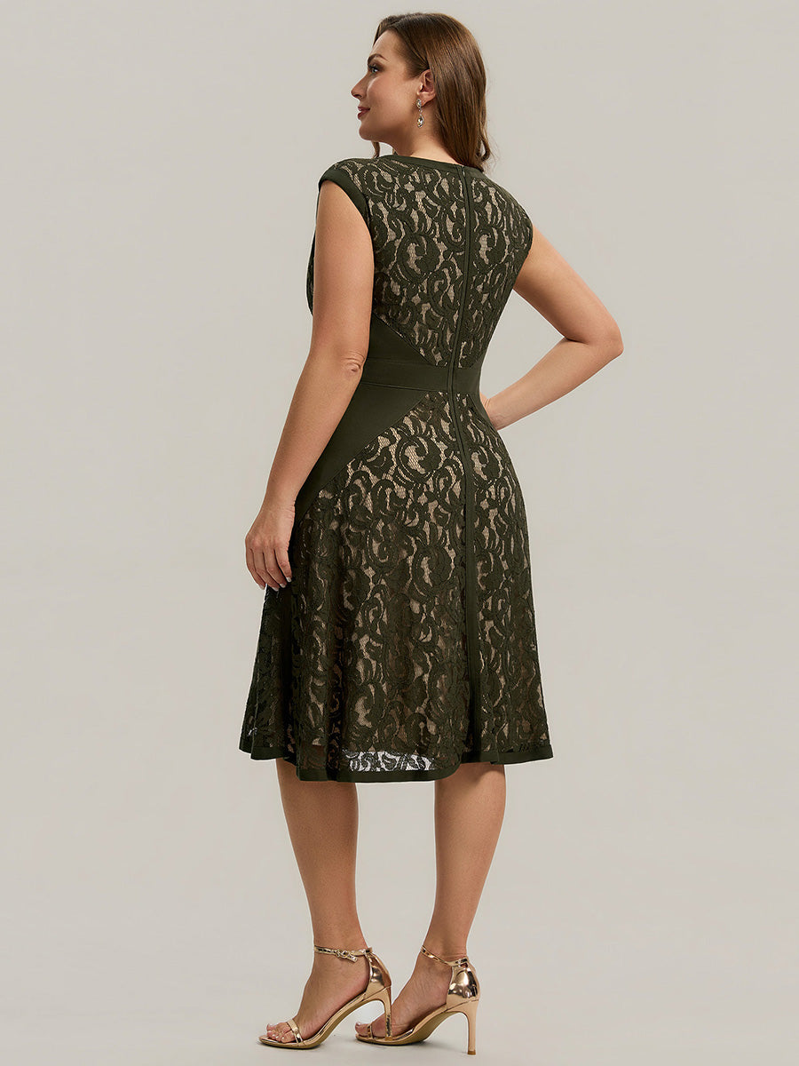 Robe midi évasée à manches courtes en V avec détails en patchwork transparent et haute élasticité #Couleur_Vert Olive